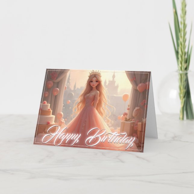 Carte d'anniversaire princesse en rose (Devant)
