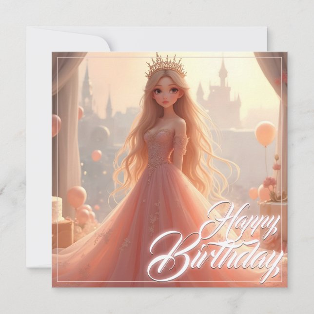 Carte d'anniversaire princesse en rose (Devant)