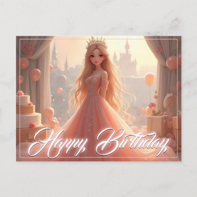 Carte d'anniversaire princesse en rose (Devant)