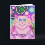 Carte d'anniversaire Psy-cat-delic Pink "Daughter"<br><div class="desc">Super bébé ! Un chat rayé rose avec des whiskies tourbillonnants et un arrière - plan psychédélique à motif arc-en-ciel. Carte de voeux avec un design personnalisable rose, bleu, vert, violet et jaune pour vous permettre de personnaliser avec votre propre texte, images et idées.Le texte peut facilement être changé à...</div>