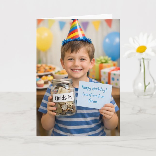 Carte d'anniversaire Quid et pot à argent avec gra (Petite plante)