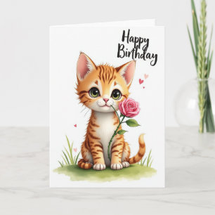 Carte d'anniversaire rayée chat rose douce