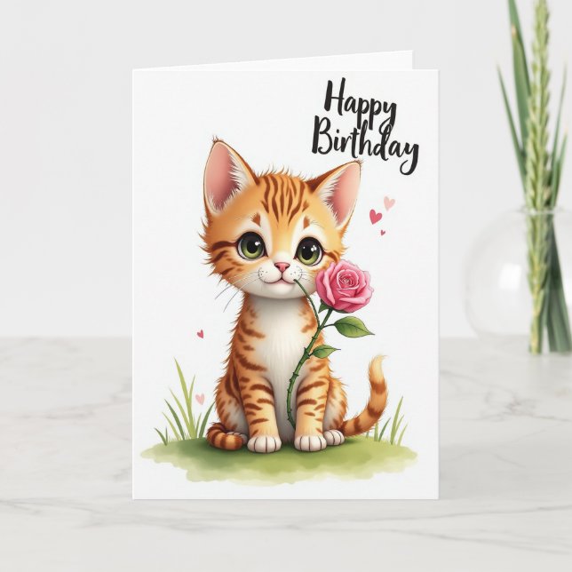 Carte d'anniversaire rayée chat rose douce (Devant)