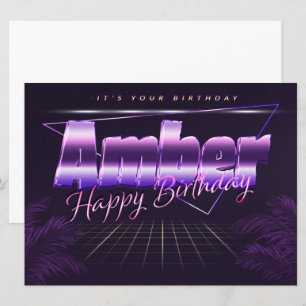 Carte d'anniversaire rétro lila prénom Amber
