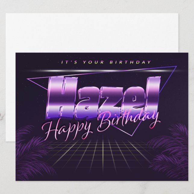 Carte d'anniversaire rétro lila prénom nom Hazel (Devant / Derrière)