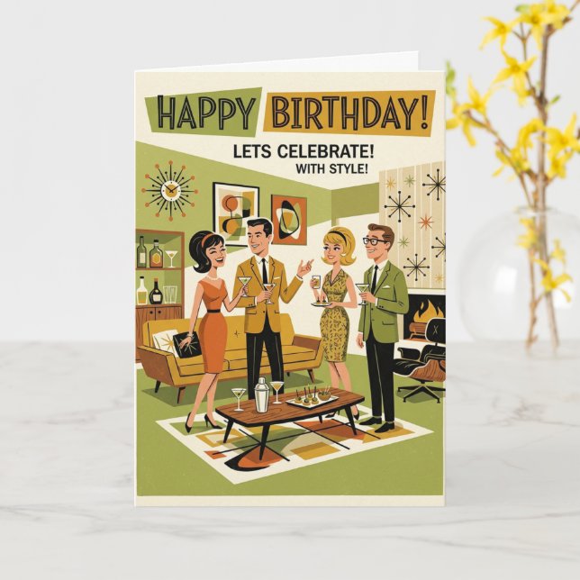 Carte d'anniversaire rétro milieu du siècle années (Fleur jaune)