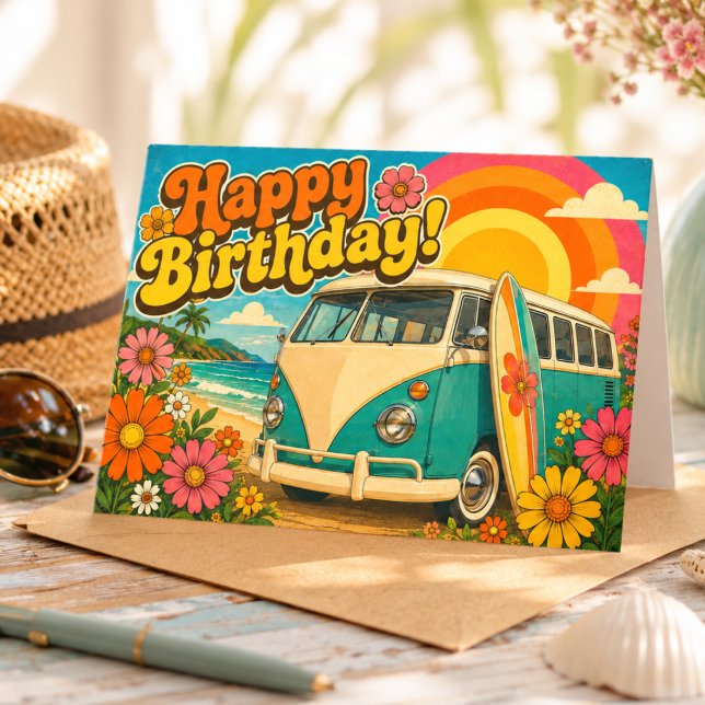 Carte d'anniversaire rétro vintage été van & surf (Créateur téléchargé)