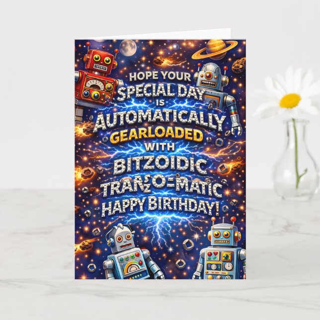 Carte d'anniversaire robotique à engrenages chargé (Petite plante)