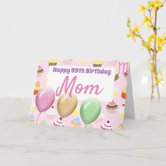 Carte d'anniversaire rose Ballons Cupcakes (Fleur jaune)