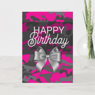 Carte d'anniversaire rose Camo & Bow