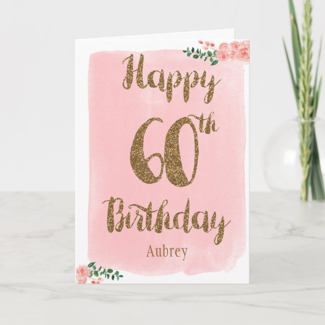 Carte d'anniversaire rose et or joyeux 60e (Devant)