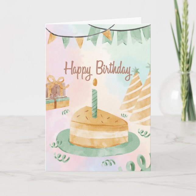 Carte d'anniversaire rose et verte avec une tranch (Devant)