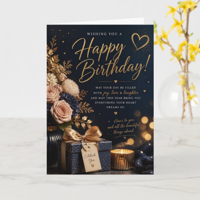 Carte d'anniversaire Rose Fardée Navy (Fleur jaune)