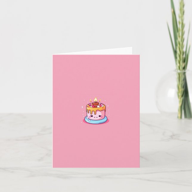 Carte d'anniversaire, rose, gâteau, kawaii, carte  (Devant)