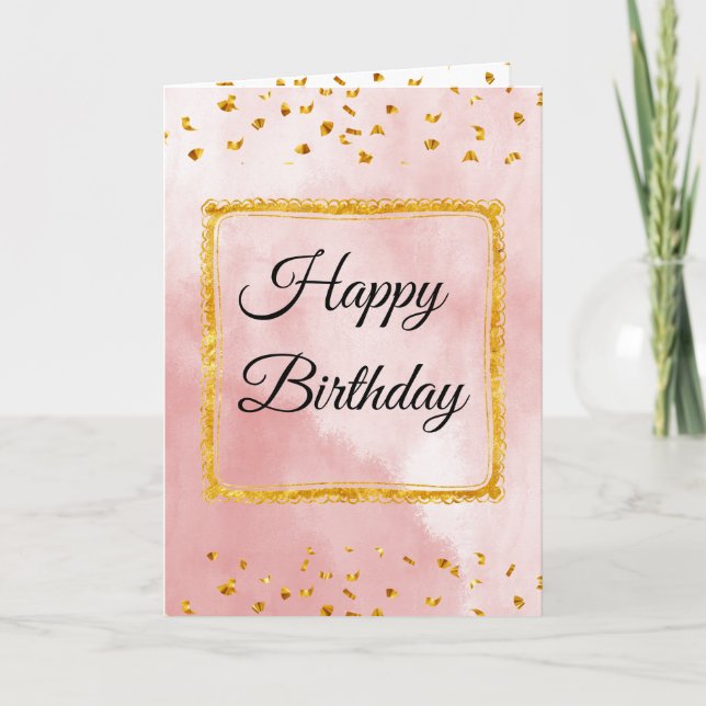 Carte d'anniversaire rose pastel avec cadre doré e (Devant)