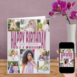 Carte d'anniversaire rose pour collage de 8 photos