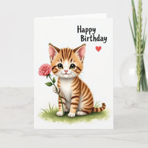 Carte d'anniversaire Rose pour un doux Tabby