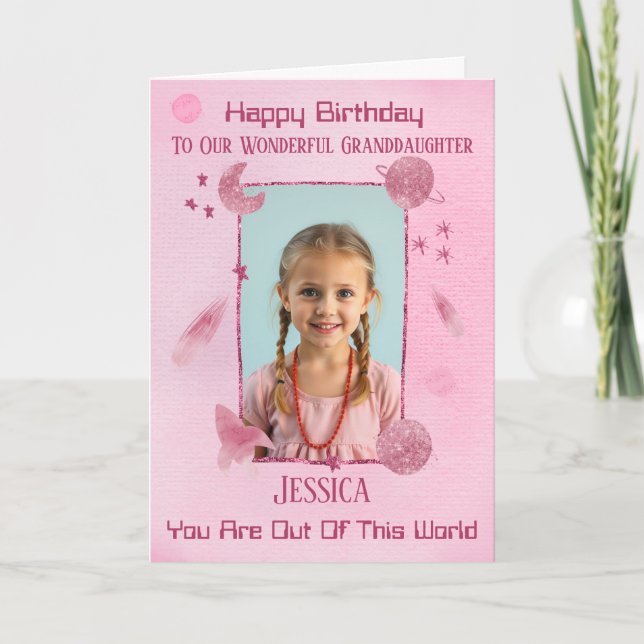 Carte d'anniversaire rose sur le thème de l'espace (Devant)