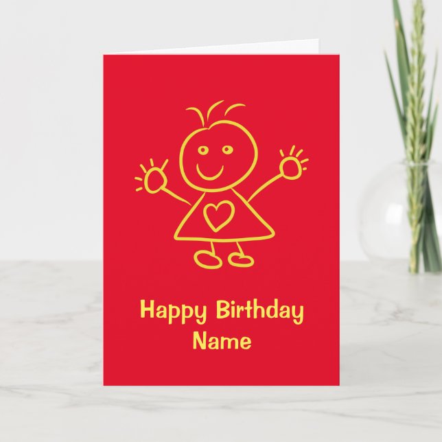 Carte d'Anniversaire Rouge Jaune mignonne Fille Ca (Devant)