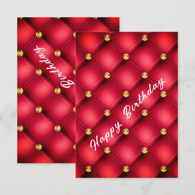 Carte d'Anniversaire Rouge Romantique Diamants Or  (Devant / Derrière)