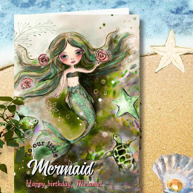 Carte d'anniversaire Sirène et Tortue de Mer à l'A (Whimsical Watercolor Mermaid & Sea Turtle Birthday Holiday Card)