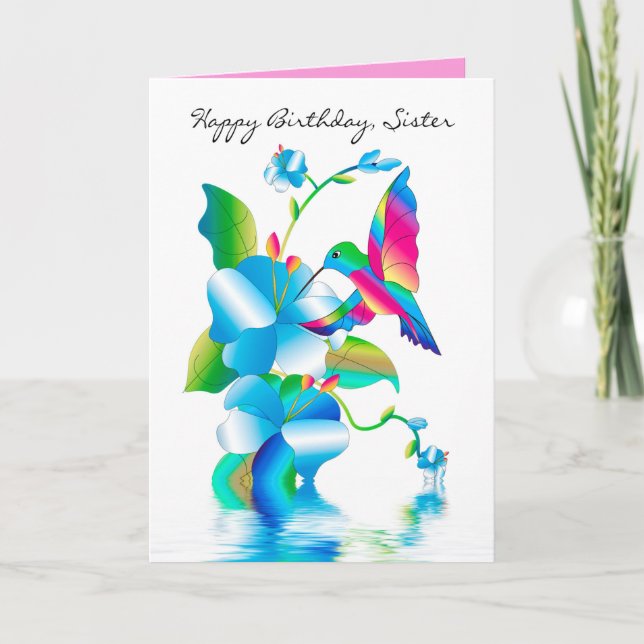 Carte d'anniversaire Sis, Hummingbird & Flowers (Devant)