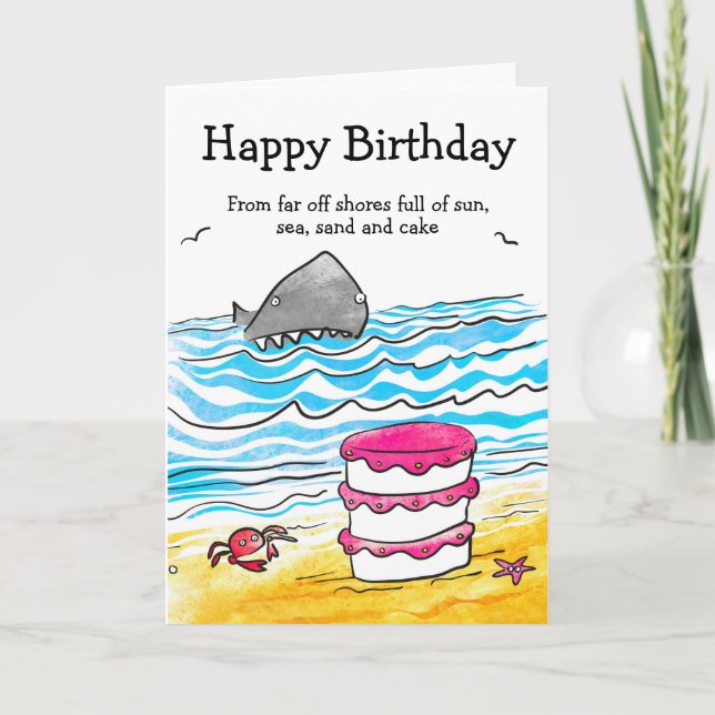 Carte d'anniversaire soleil, mer, sable, requin et (Devant)