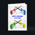 Carte d'anniversaire Step Son Guitares<br><div class="desc">Une belle carte d'anniversaire pour un petit garçon. L'art coloré de guitare électrique avec une échelle de musique dans l'arrière - plan. On ne peut pas avoir trop de guitares. Une carte d'anniversaire de guitare très cool, célèbre l'énergie et le pur plaisir de cet instrument musical. Une carte d'anniversaire parfaite...</div>