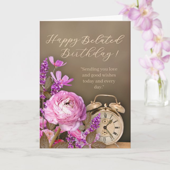 Carte d'anniversaire tardive à horloge dorée et fl (Orchidée)