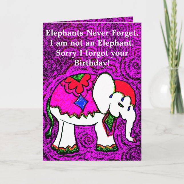 Carte d'anniversaire tardive éléphant violet drôle (Devant)