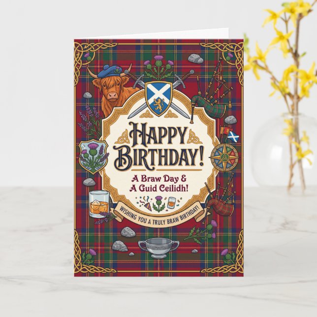 Carte d'anniversaire Tartan Écossais (Fleur jaune)