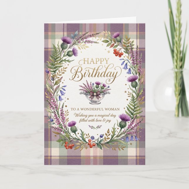 Carte d'anniversaire Thistle Tartan Violet (Devant)