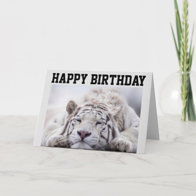 CARTE D'ANNIVERSAIRE TIGRE BLANC, MANGER DU GATEAU (Devant)