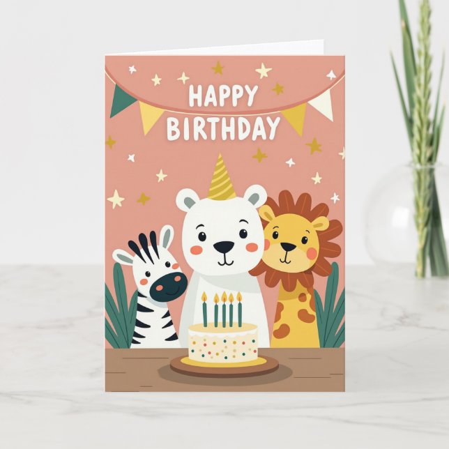 Carte d'anniversaire trio d'animaux joyeux (Devant)