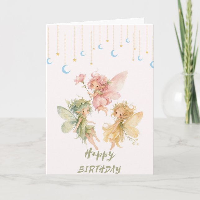Carte d'anniversaire trio de fées à l'aquarelle -  (Devant)