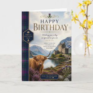 Carte d'anniversaire Vache Highland Tartan Violet