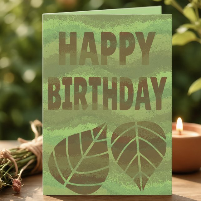 Carte d'anniversaire verte et marron texturée Natu (Sage, olive, lime, your words make it shine. Painted waves with two large leaves and bold text.)