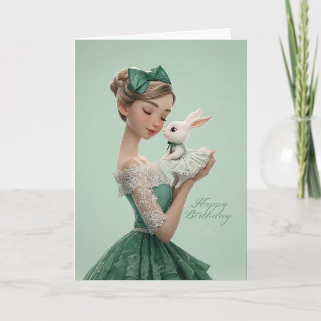 Carte d'anniversaire verte vintage avec une dame é (Devant)
