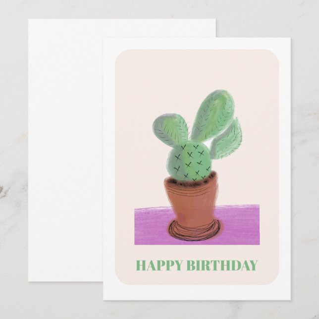 Carte d'anniversaire verte violette cactus plante (Devant / Derrière)