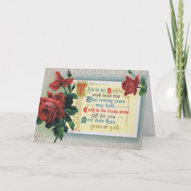 Carte d'anniversaire vintage avec les roses rouges (Devant)