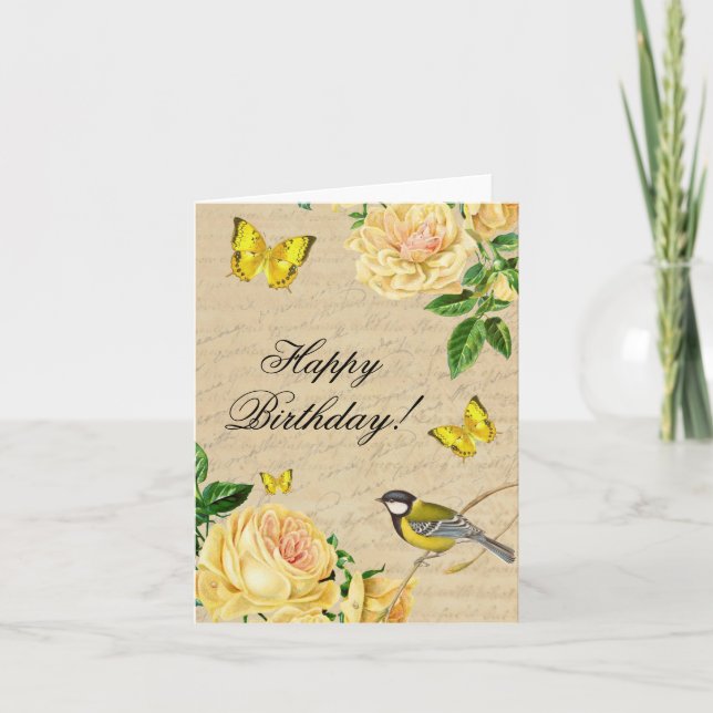 Carte d'anniversaire vintage avec roses et oiseaux (Devant)