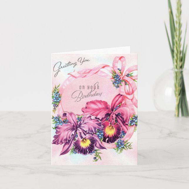 Carte d'anniversaire vintage Orchidées (Devant)