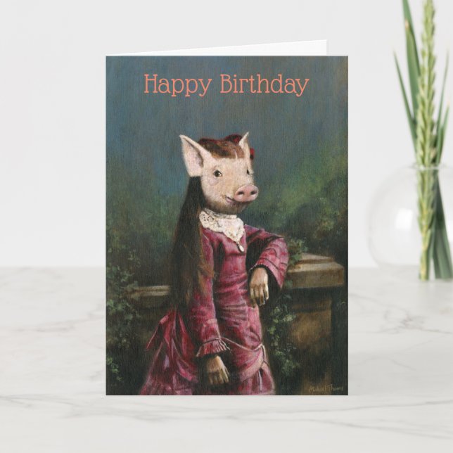 Carte d'anniversaire vintage pour fille à cochon (Devant)