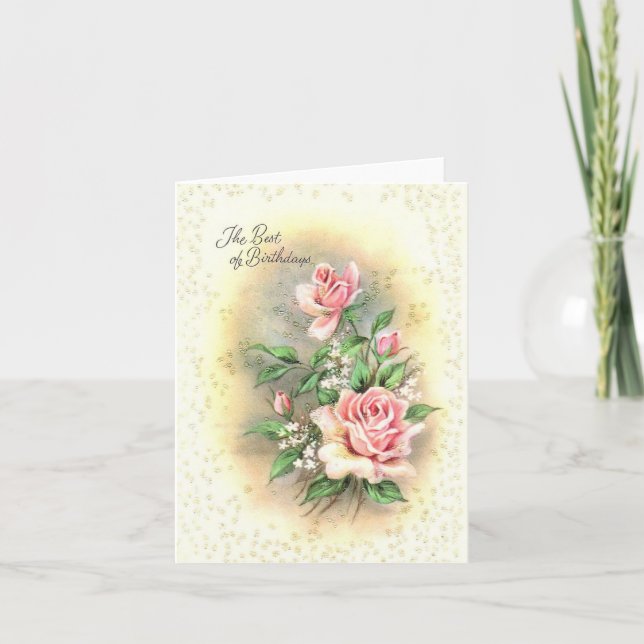 Carte d'anniversaire vintage Roses roses (Devant)