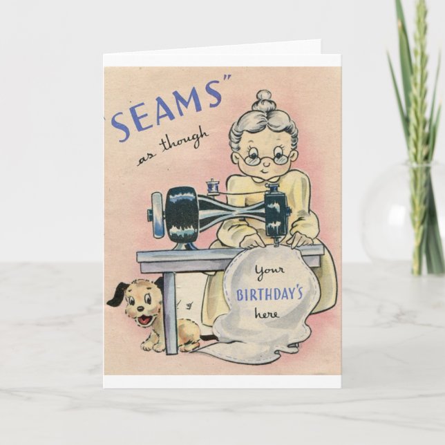 Carte D'Anniversaire vintage Seamstress Et Chiot (Devant)