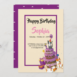 carte d'anniversaire violet de gâteau de chat