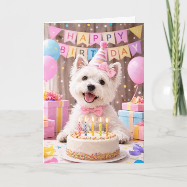 Carte d'anniversaire Westie avec gâteau | Carte mi (Devant)