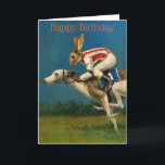 Carte d'anniversaire Whippet Racer<br><div class="desc">Cette carte d'anniversaire est illustrée par un whippet avec un jockey de lièvre. Image d'un tableau original de Michael Thomas</div>