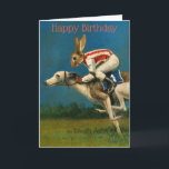 Carte d'anniversaire Whippet Racer<br><div class="desc">Cette carte d'anniversaire est illustrée par un whippet avec un jockey de lièvre. Image d'un tableau original de Michael Thomas</div>