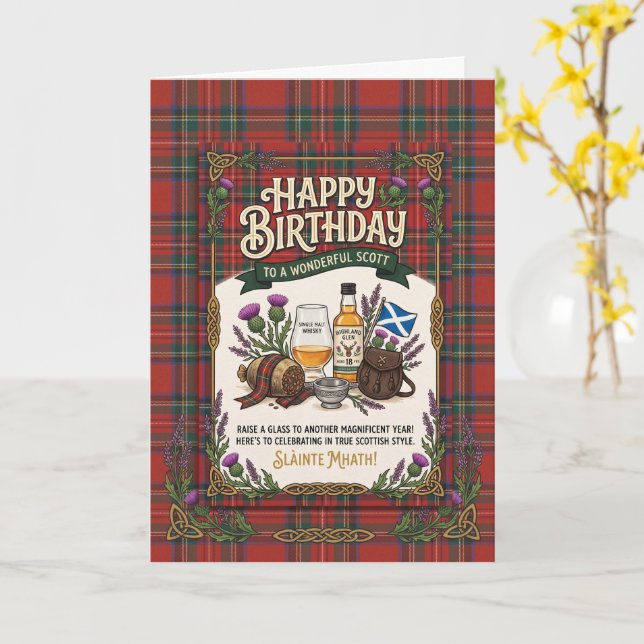 Carte d'anniversaire whisky tartan écossais (Fleur jaune)